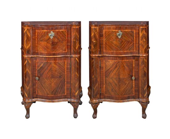 Pair of walnut and carob veneered bedside tables. Venice, mid 18th century.