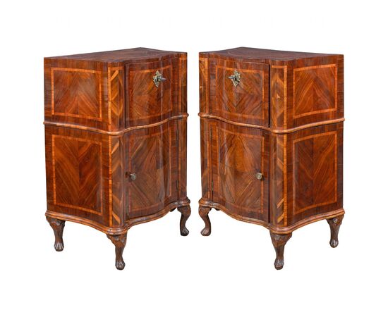 Pair of walnut and carob veneered bedside tables. Venice, mid 18th century.