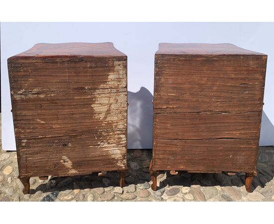 Pair of walnut and carob veneered bedside tables. Venice, mid 18th century.