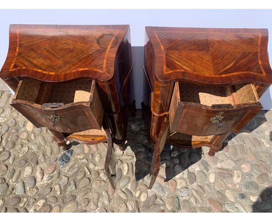 Pair of walnut and carob veneered bedside tables. Venice, mid 18th century.