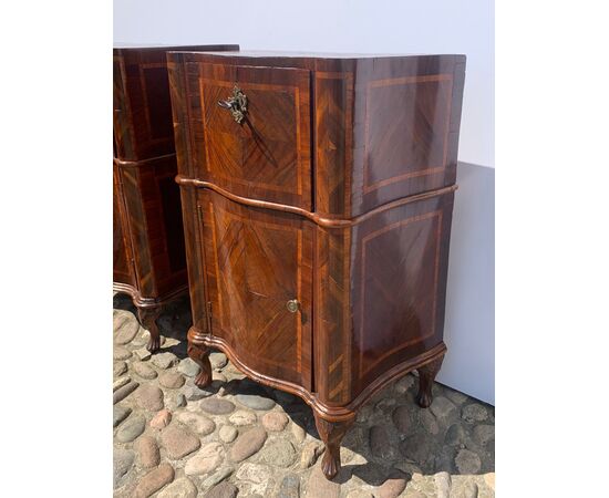 Pair of walnut and carob veneered bedside tables. Venice, mid 18th century.
