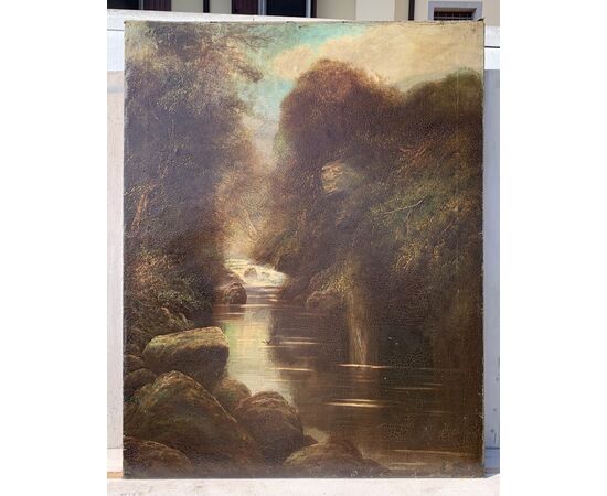W. Miller (British, late 19th century) - Woodland landscape with stream.