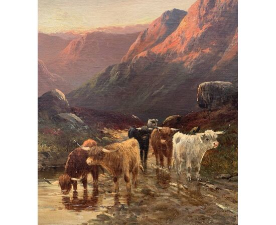 W. Richard (British, fine XIX sec.) - Paesaggio con Mandria di Highlanders al lago.