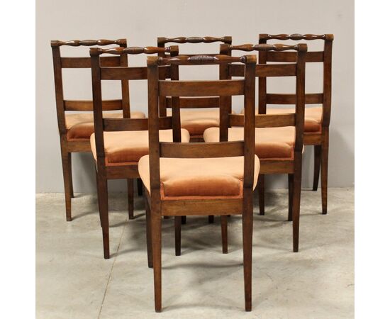 Antique set of 6 Carlo X inlaid walnut chairs - Italy 19th century