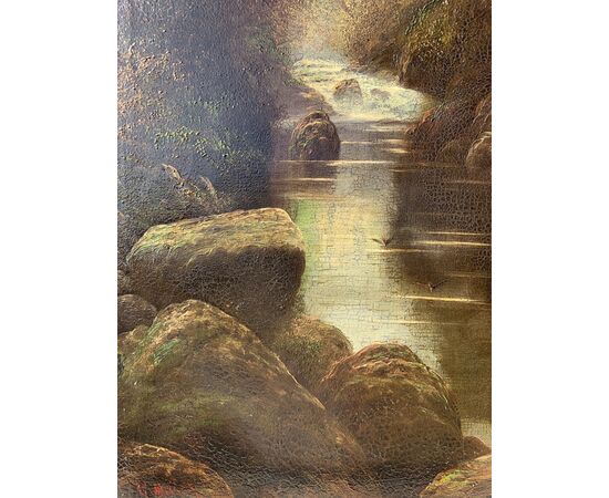 W. Miller (British, late 19th century) - Woodland landscape with stream.