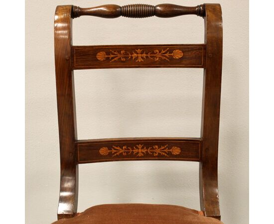 Antique set of 6 Carlo X inlaid walnut chairs - Italy 19th century