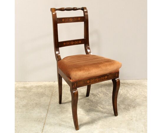 Antique set of 6 Carlo X inlaid walnut chairs - Italy 19th century