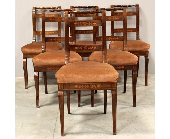 Antique set of 6 Carlo X inlaid walnut chairs - Italy 19th century