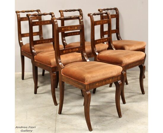 Antique set of 6 Carlo X inlaid walnut chairs - Italy 19th century