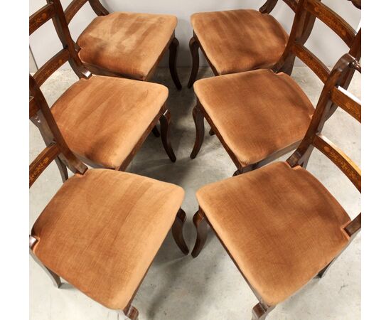 Antique set of 6 Carlo X inlaid walnut chairs - Italy 19th century