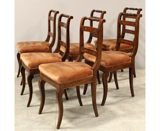 Antique set of 6 Carlo X inlaid walnut chairs - Italy 19th century
