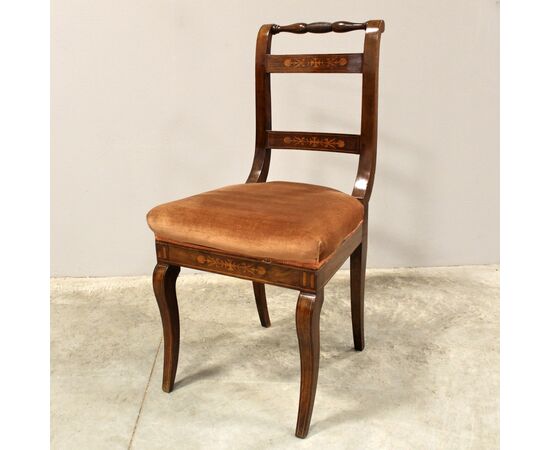 Antique set of 6 Carlo X inlaid walnut chairs - Italy 19th century