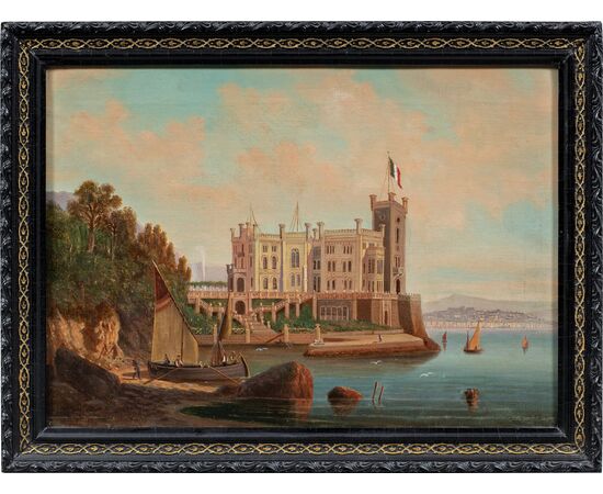 Italian painter (early 20th century) - Trieste, view of Miramare Castle with the Italian flag.