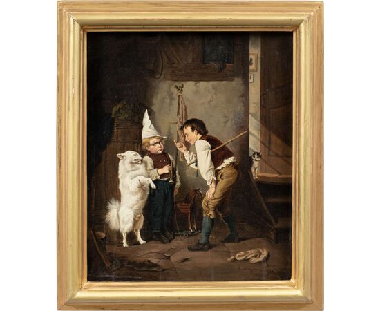 Pittore realista tedesco (XIX sec.) - Due bambini giocano con il cane ammaestrato.