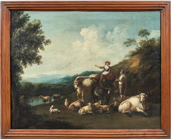 Italian painter (18th century) - Arcadian landscape with shepherds and flock.