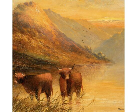 Frank Walters (British, fine XIX sec.) - Bestiame delle Highlands al lago.