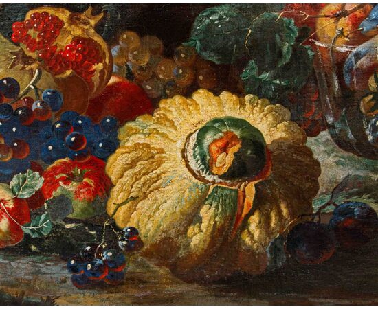 Giovanni Paolo Castelli detto Spadino (1659 Roma-1730 Roma ), Natura morta con zucca, uva, melograni, fichi e coppa in vetro