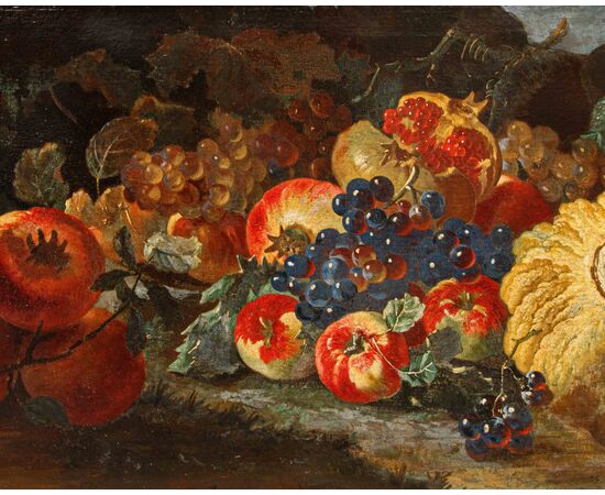 Giovanni Paolo Castelli detto Spadino (1659 Roma-1730 Roma ), Natura morta con zucca, uva, melograni, fichi e coppa in vetro