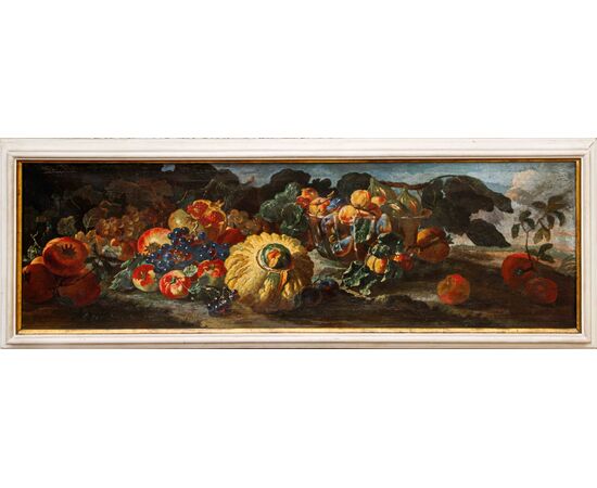 Giovanni Paolo Castelli detto Spadino (1659 Roma-1730 Roma ), Natura morta con zucca, uva, melograni, fichi e coppa in vetro
