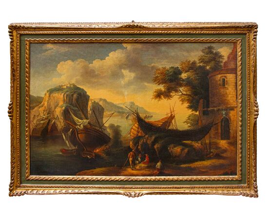 Seguace di Salvator Rosa ( 1615 – 1673), Veduta con baia