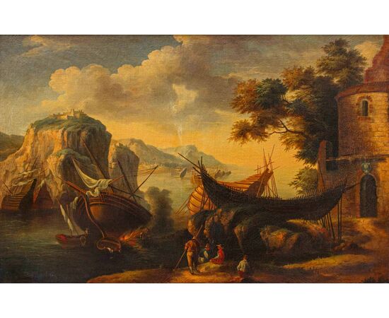 Seguace di Salvator Rosa ( 1615 – 1673), Veduta con baia