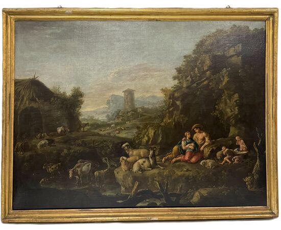 Giuseppe Tassoni (1653 -1737) "Landscape with herds and family of shepherds"