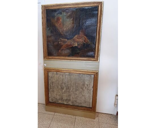 Decorated panel with canvas oil painting and mirror.