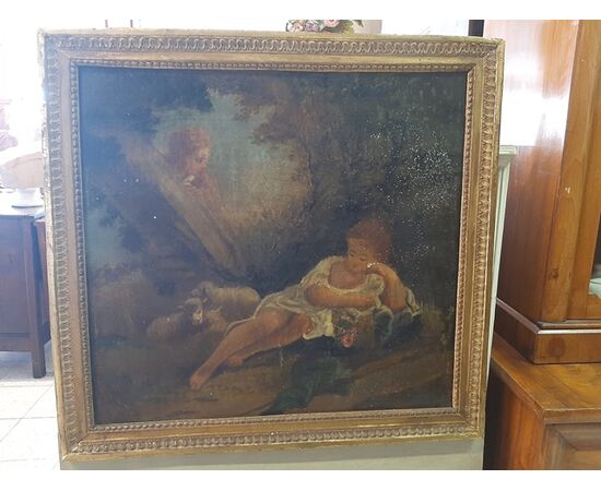 Decorated panel with canvas oil painting and mirror.