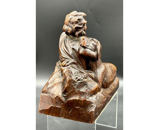 Scultura in Legno Scolpito - Putto con Cane Epoca: XIX secolo