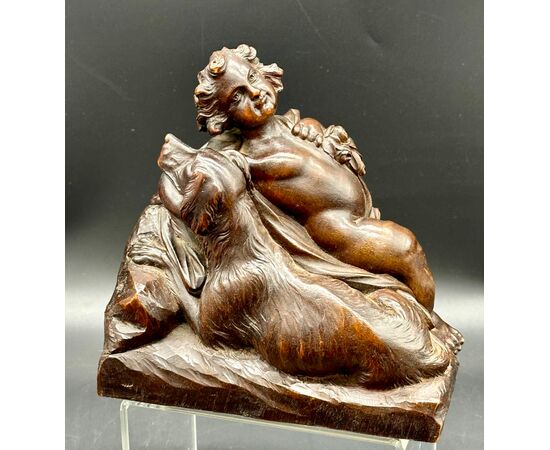 Scultura in Legno Scolpito - Putto con Cane Epoca: XIX secolo