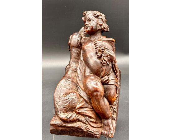 Scultura in Legno Scolpito - Putto con Cane Epoca: XIX secolo