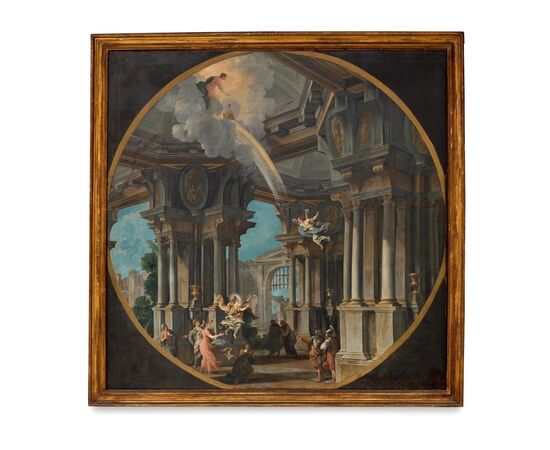 RISERVATI Coppia di capricci architettonici con scene mitologiche, olio su tela, pittore bolognese attivo nel XVIII secolo