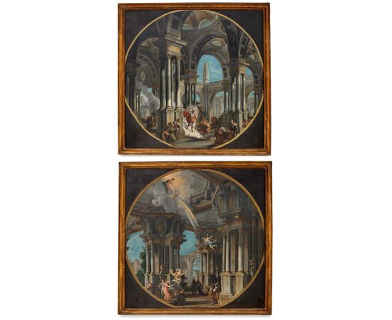 RISERVATI Coppia di capricci architettonici con scene mitologiche, olio su tela, pittore bolognese attivo nel XVIII secolo