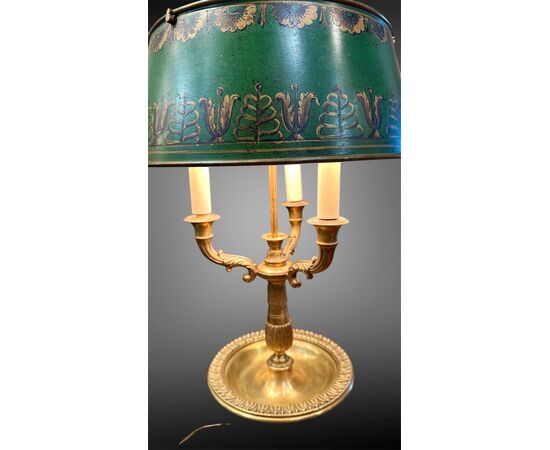 Lampada Bouillotte in bronzo dorato e paralume in metallo dipinto, primo '900.
