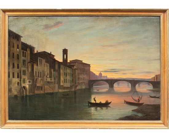 Pittore italiano (XIX sec.) - Firenze, veduta del Lungarno presso il ponte Santa Trinita.