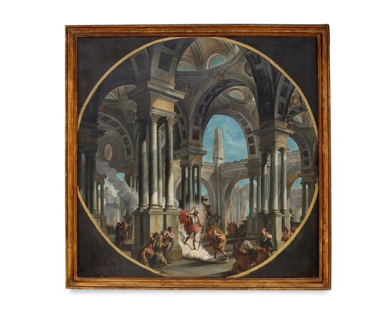 RISERVATI Coppia di capricci architettonici con scene mitologiche, olio su tela, pittore bolognese attivo nel XVIII secolo