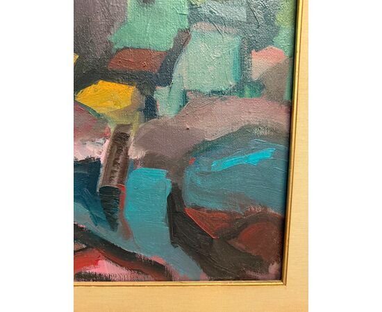 Textured painting, landscape of houses, modern style, 1960s, 80x60cm