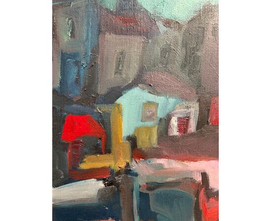 Textured painting, landscape of houses, modern style, 1960s, 80x60cm