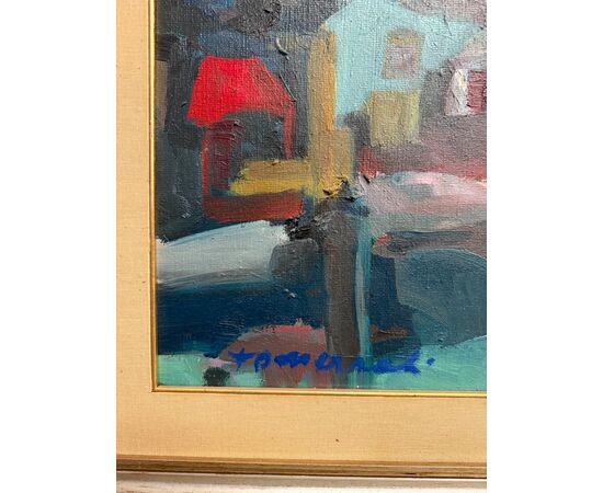 Textured painting, landscape of houses, modern style, 1960s, 80x60cm