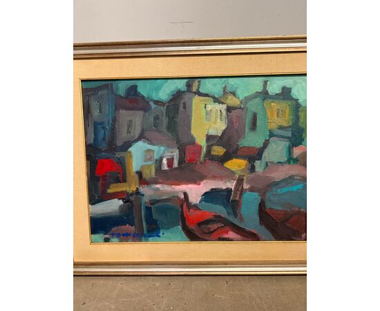 Textured painting, landscape of houses, modern style, 1960s, 80x60cm