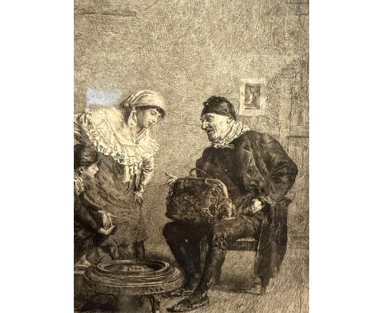 Antique etching '800 Celestino Turletti. Welcome Uncle, 44x32cm