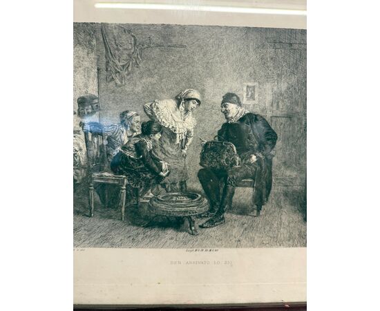 Antique etching '800 Celestino Turletti. Welcome Uncle, 44x32cm