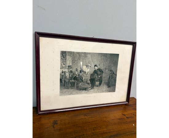 Antica incisione '800 Celestino Turletti. Ben arrivato Lo Zio, 44x32cm