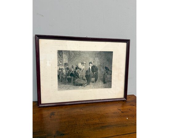 Antica incisione '800 Celestino Turletti. Ben arrivato Lo Zio, 44x32cm
