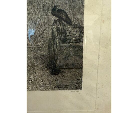 Antique etching '800 Celestino Turletti. Welcome Uncle, 44x32cm