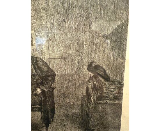 Antique etching '800 Celestino Turletti. Welcome Uncle, 44x32cm