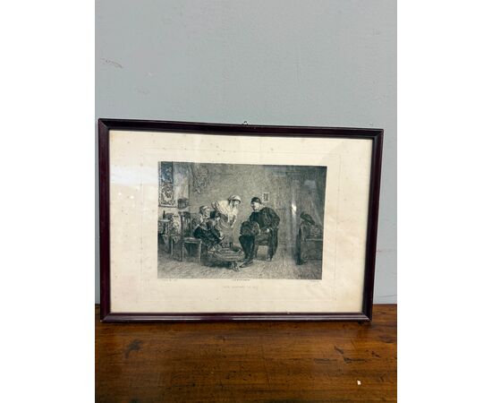 Antica incisione '800 Celestino Turletti. Ben arrivato Lo Zio, 44x32cm