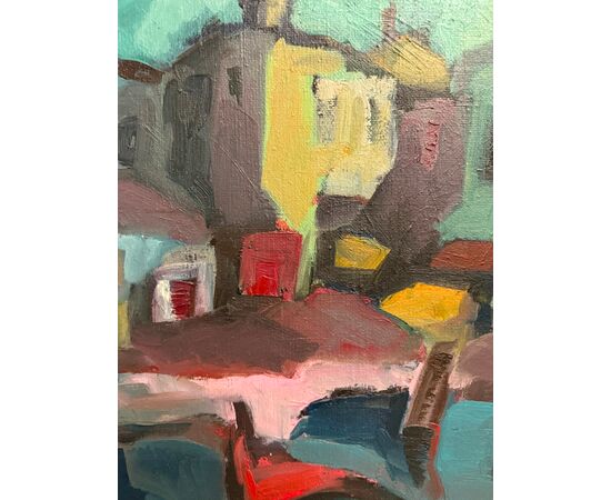 Dipinto materico paesaggio case moderno anni '60, 80x60cm