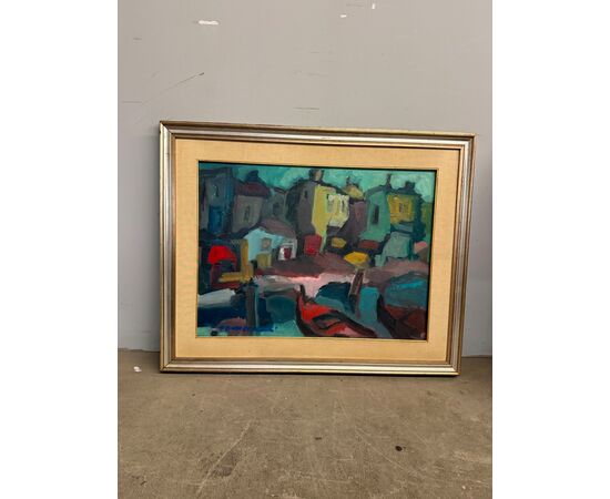 Dipinto materico paesaggio case moderno anni '60, 80x60cm