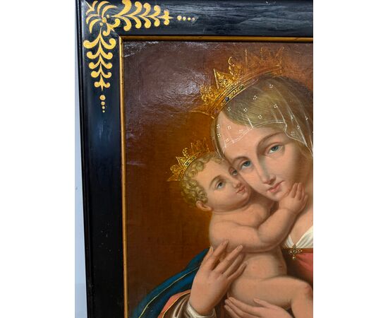 Antico dipinto Vergine e Bambino, XIX sec, 74x58cm